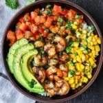 Grilled Shrimp Bowl with Avocado, Corn Salsa & Creamy Sauce