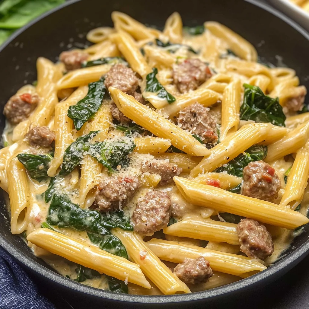 One-Pan Creamy Penne with Spinach and Italian Sausage